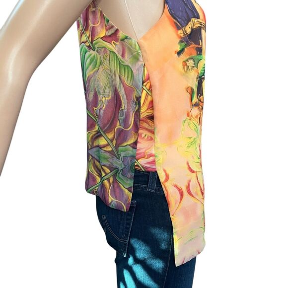 Walter Baker Parrot Print Tropical Tank Top Open Sides Orange Multi Beachy - Picture 5 of 10